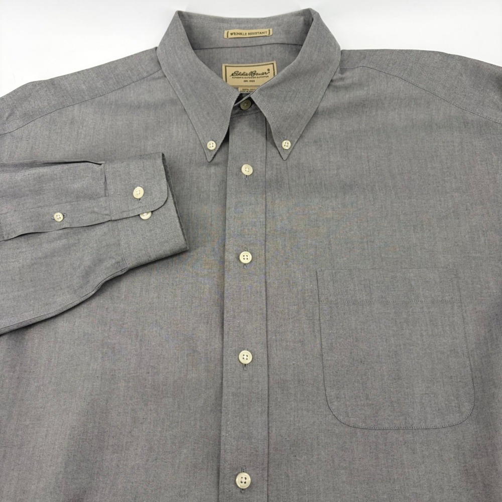 Eddie Bauer Men XL Tall Grey Wrinkle Resistant Cotton Button Down Shirt Long Slv